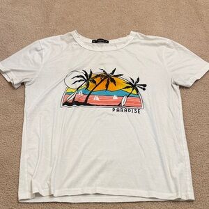 Zaful White Short Sleeve Paradise Graphic Tee with Sunset Palm Print